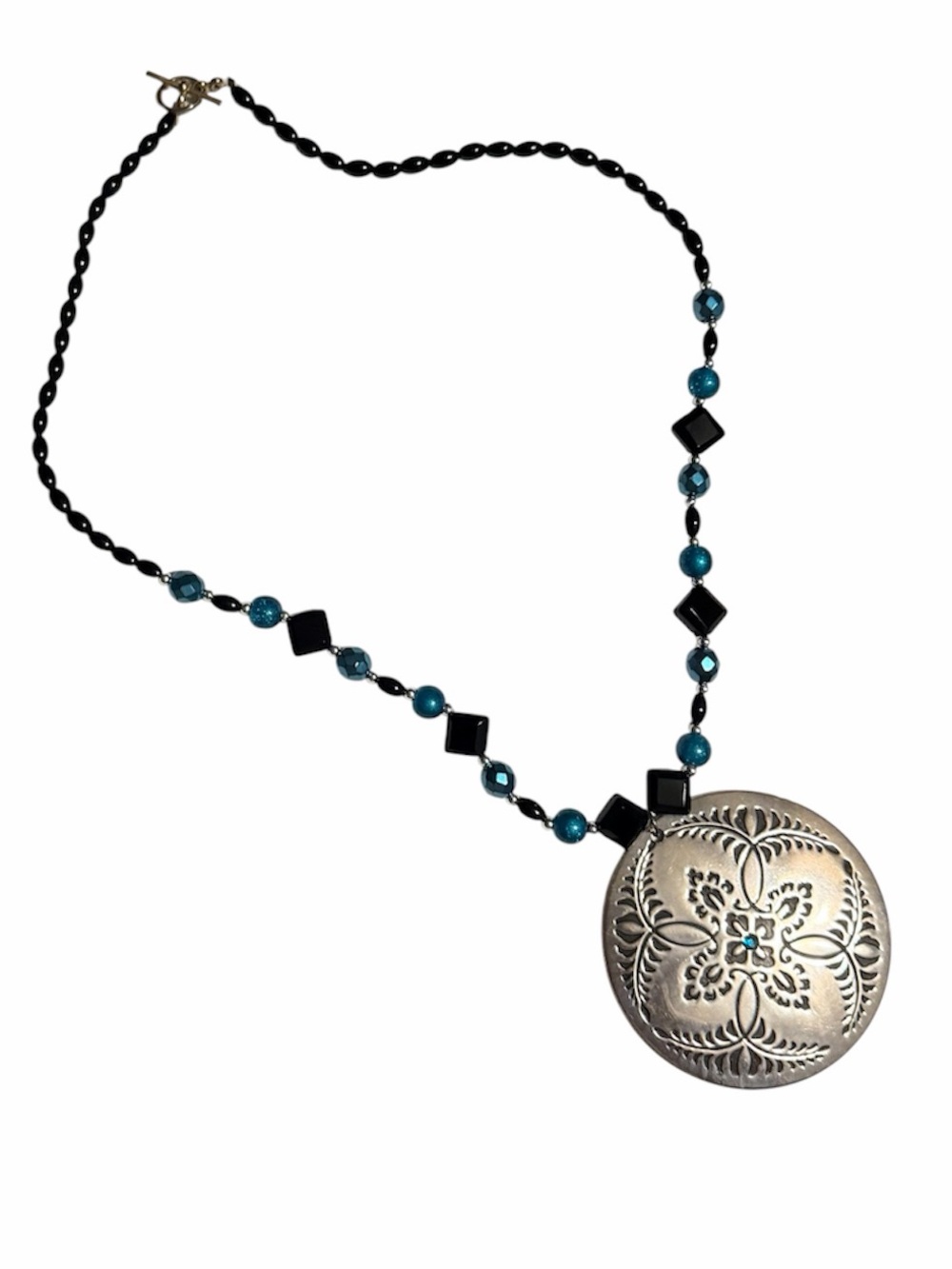 Handmade Silver Floral Medallion Pendant Necklace with Black and Teal Beads